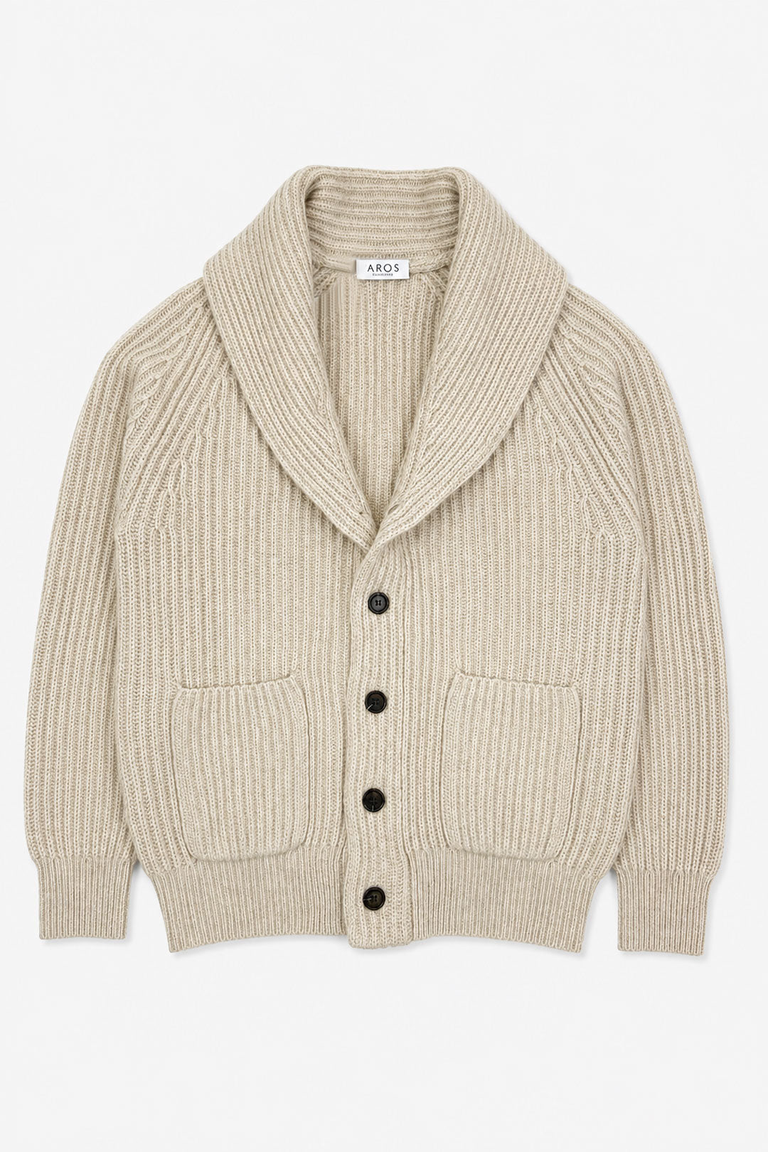 Beige Heavy Knitted Cashmere Shawl Collar Cardigan