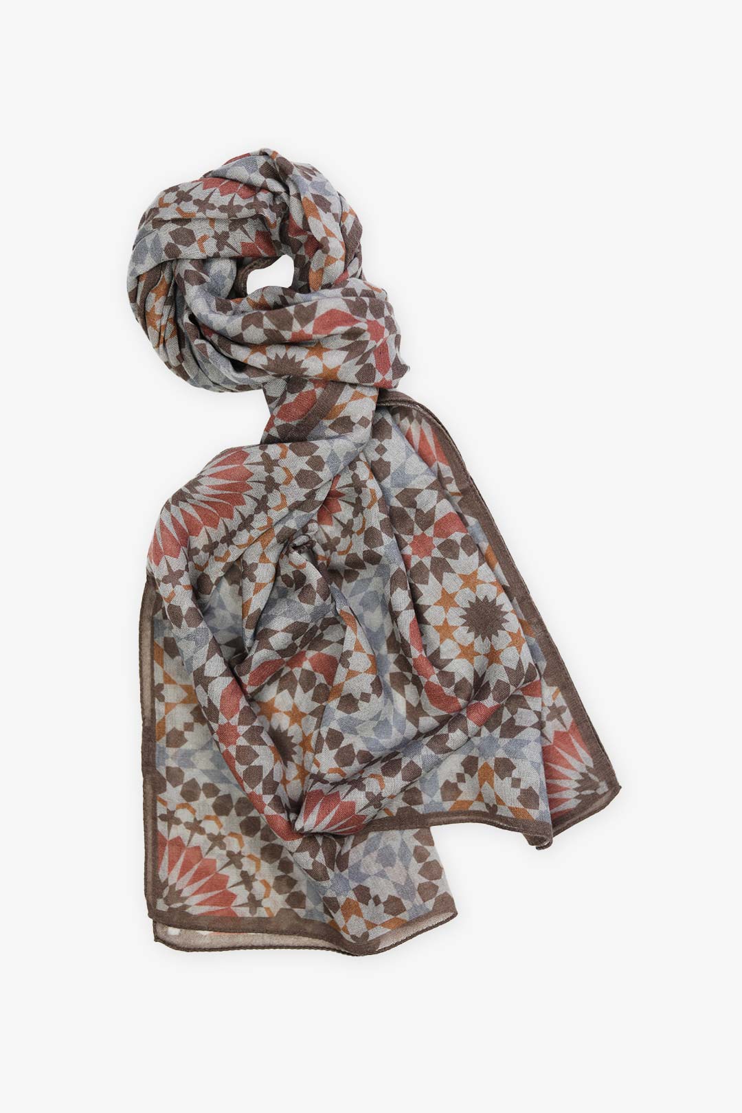 Brown Blue Red Pattern Wool Silk Scarf
