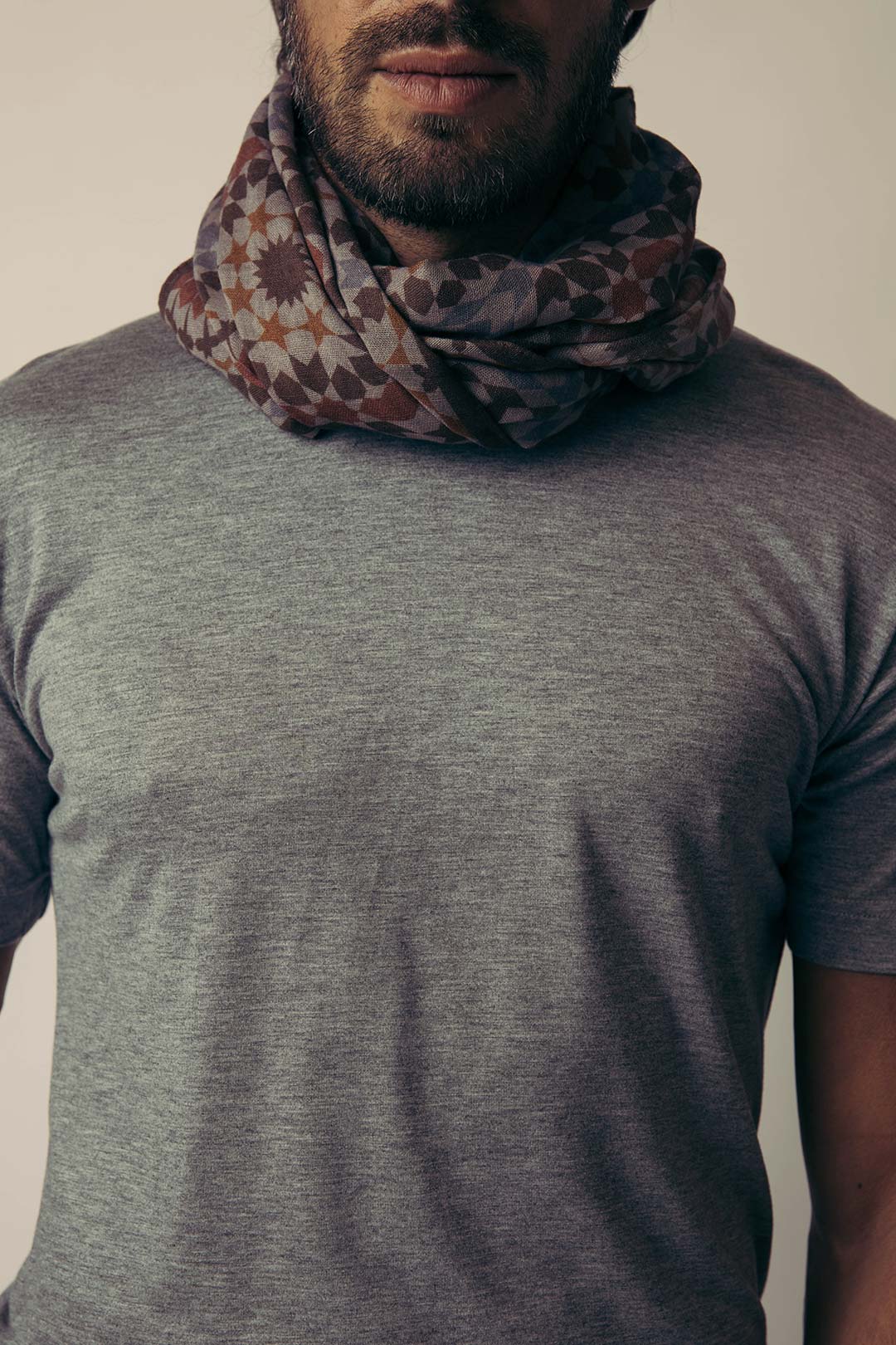 Brown Blue Red Pattern Wool Silk Scarf