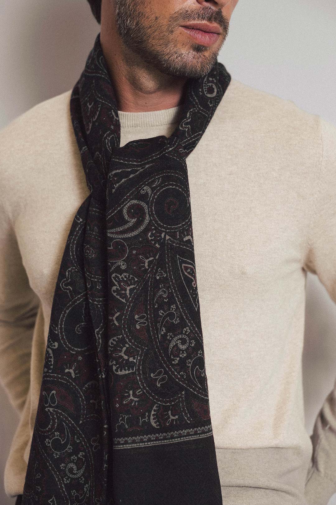 Brown Grey Paisley Herringbone Wool Silk Scarf