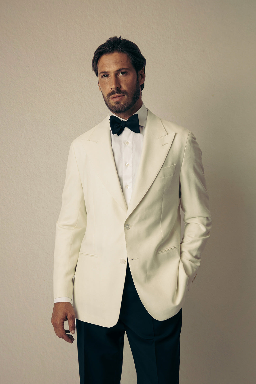 Ivory Wool Silk Linen Herringbone Dinner Jacket