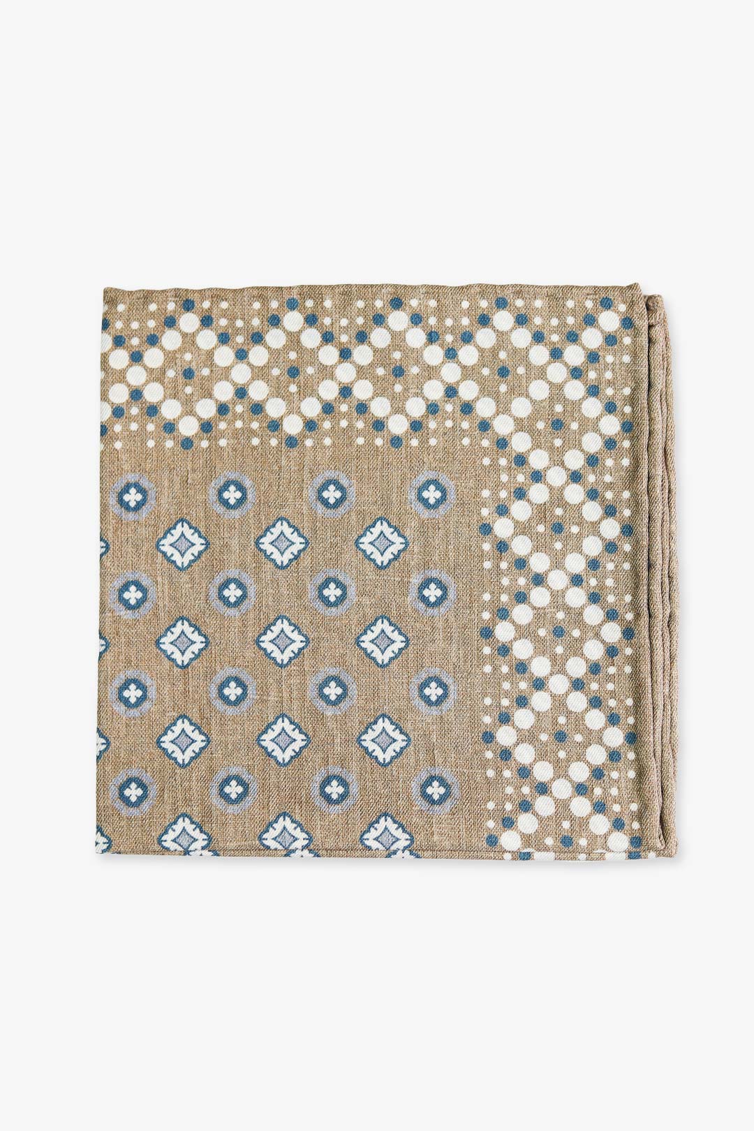 Light Brown Blue Medallion Silk Cotton Pocket Square