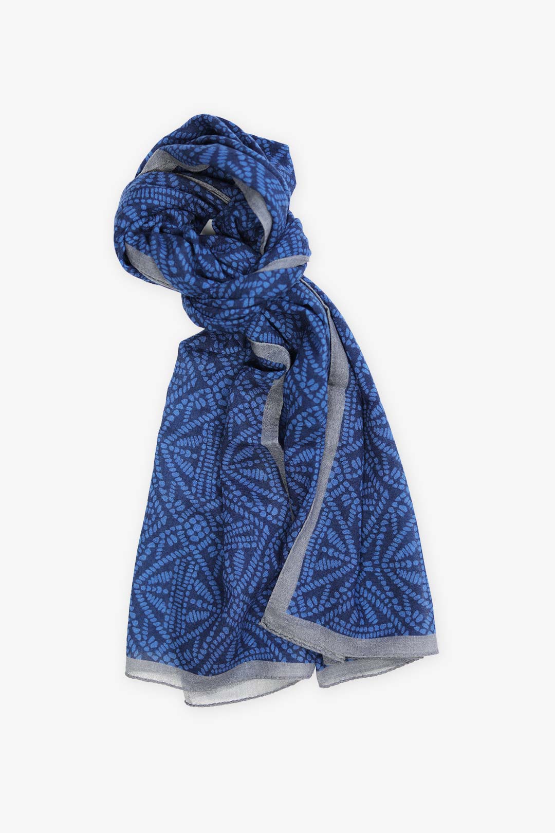 Navy Blue Grey Pattern Wool Silk Scarf